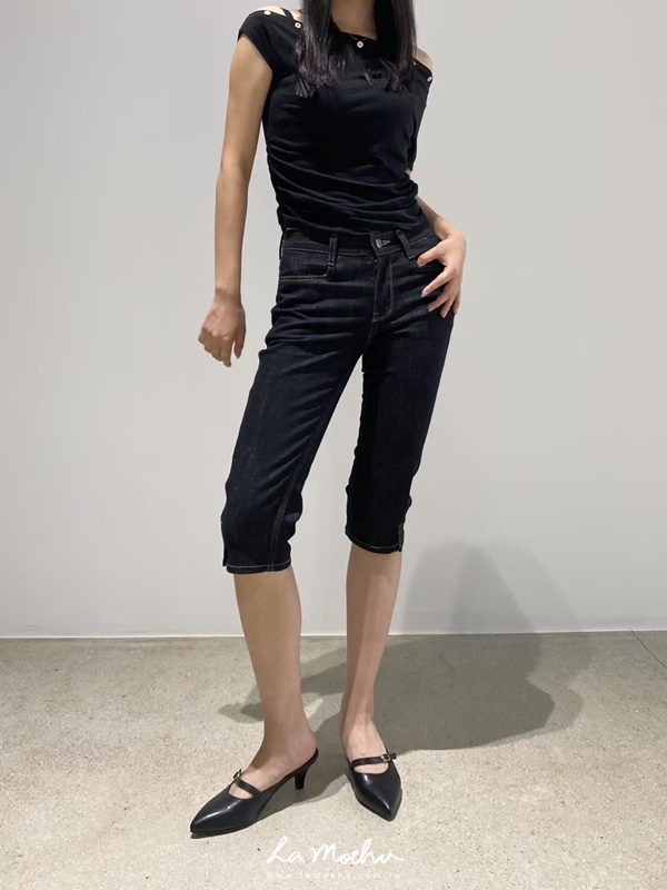 褲腳開衩牛仔卡布里褲